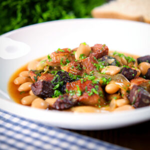 Pork and butter bean stew with sage, Bramley apple sauce and black pudding.