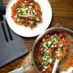Overhead baked pork chops with tomato orzo, feta cheese and parsley.