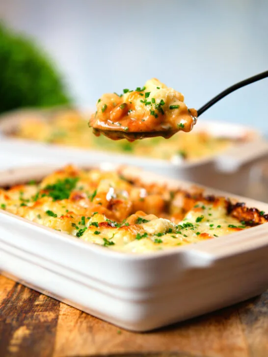 Individual cheesy baked bean pasta bakes (bean mac and cheese) being eaten with a spoon.