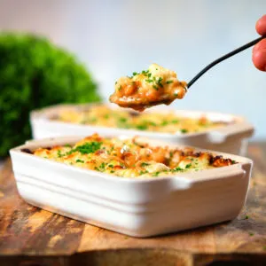 Individual cheesy baked bean pasta bakes (bean mac and cheese) being eaten with a spoon.