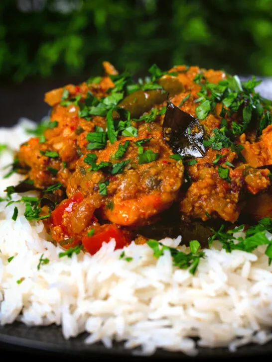 Close-up Andhra style chicken curry (kodi kura) served with basmati rice.