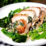Creamy chicken and oyster mushroom Florentine served with green vegetables.