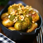 Brown butter and basil pesto potatoes garnished with pine nuts.