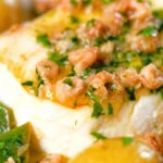 Close-up roasted halibut steak with a potted shrimp and vermouth sauce.