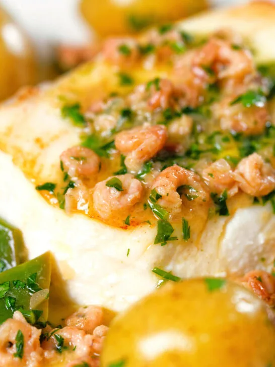 Close-up roasted halibut steak with a potted shrimp and vermouth sauce.