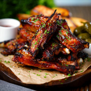 Sticky BBQ sauce and honey glazed lamb spare ribs served with potato wedges.