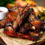 Sticky BBQ sauce glazed lamb spare ribs served with potato wedges and pickles.