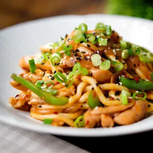 Garlic chicken udon noodles with crispy chilli oil and green pepper.