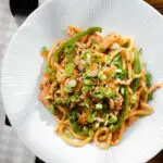 Overhead garlic chicken udon noodles stir fry with crispy chilli oil.