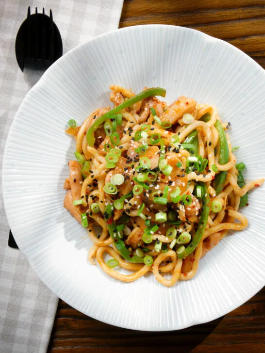 Overhead garlic chicken udon noodles stir fry with crispy chilli oil.