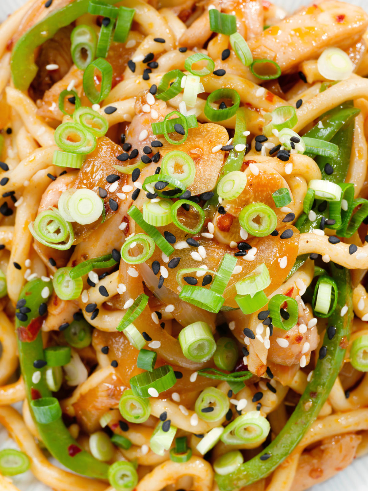 Close-up overhead garlic chicken udon noodles stir fry with crispy chilli oil.