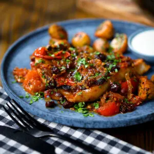 Oven baked pork chops served with jeera aloo and mint raita.