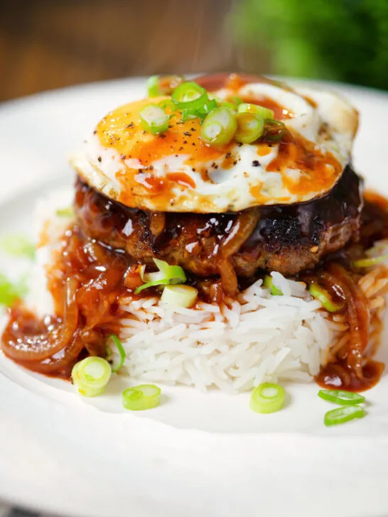 Hawaiian loco moco: beef patty, white rice, Worcestershire sauce gravy and a fried egg.