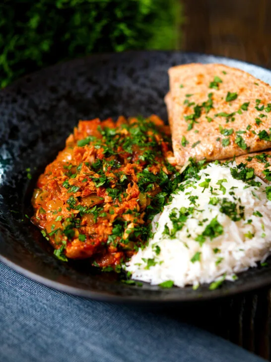 Indian-influenced canned tuna curry served with rice and chapatis.