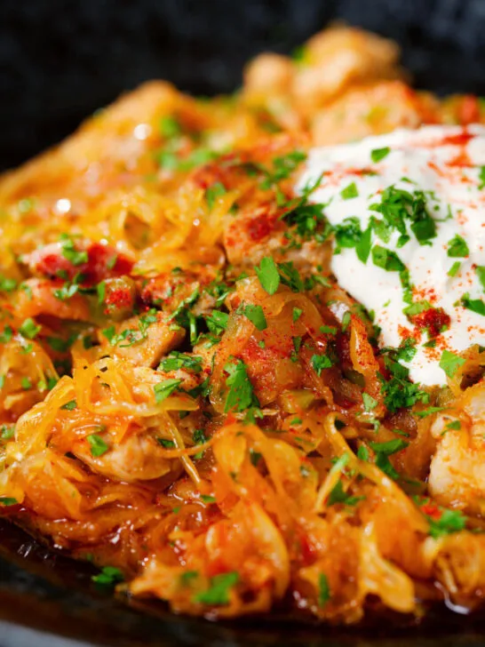 Close-up Hungarian sz&eacute;kelyk&aacute;poszta: pork belly and sauerkraut stew served with sour cream.