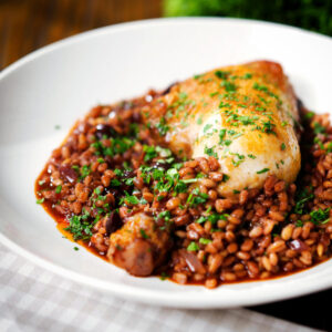 Chicken leg and pearl barley stew with red wine and prunes garnished with parsley..