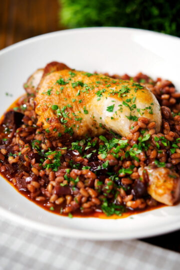 Chicken leg and pearl barley stew with red wine and prunes.