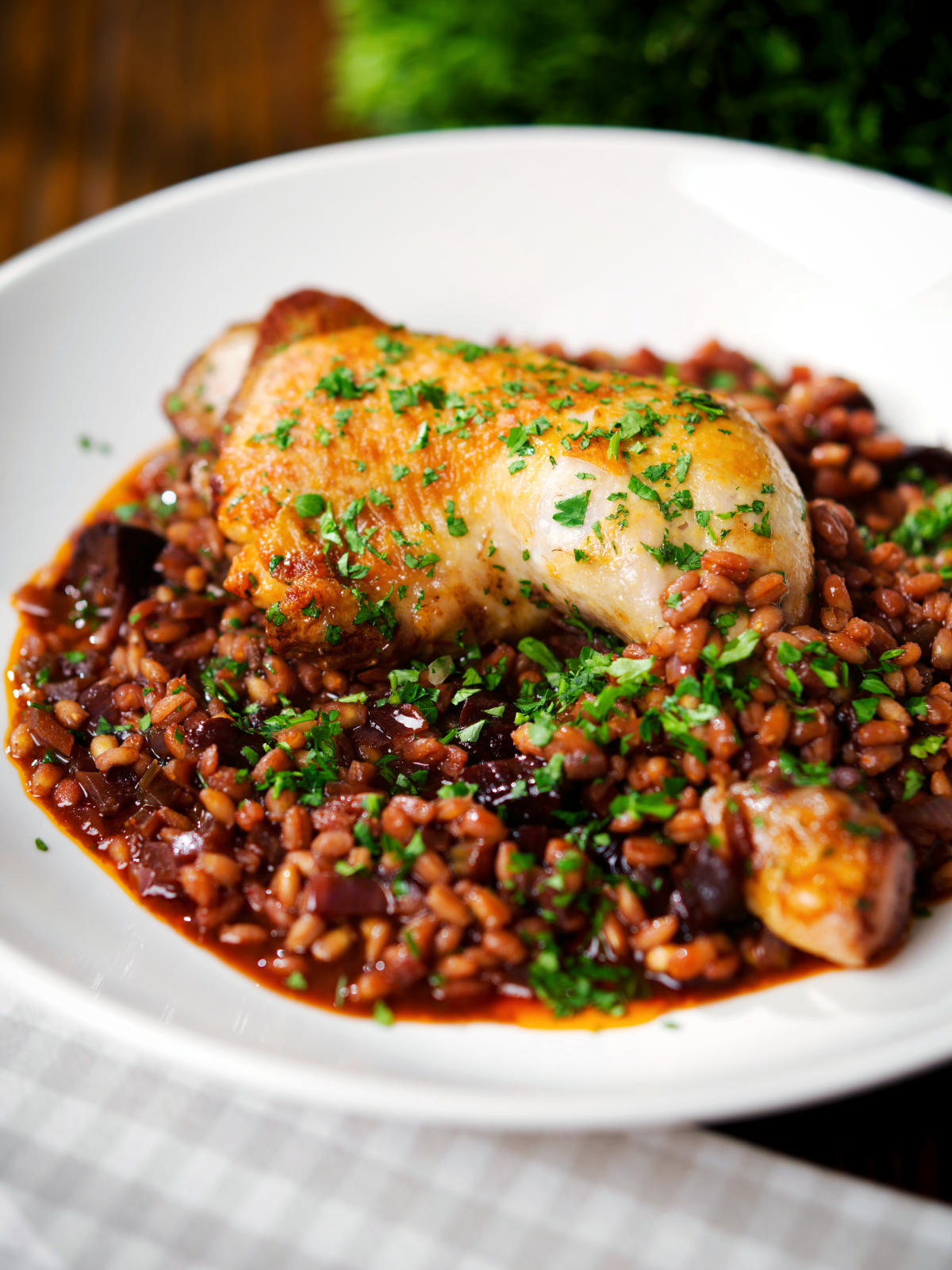 Chicken leg and pearl barley stew with red wine and prunes.