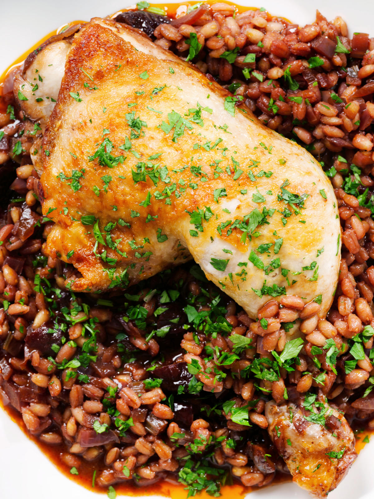 Overhead close-up chicken leg and pearl barley stew with red wine and prunes.