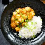 Overhead Hong Kong fish ball curry with rice and spring onions.