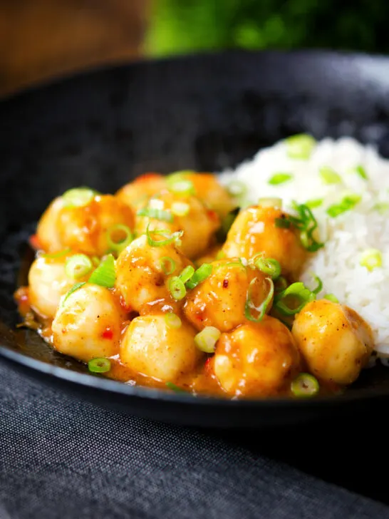 Hong Kong fish ball curry with rice and spring onions.