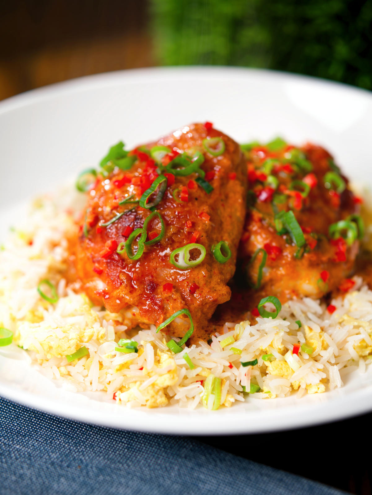 Baked Thai red curry chicken thighs served with egg fried rice.