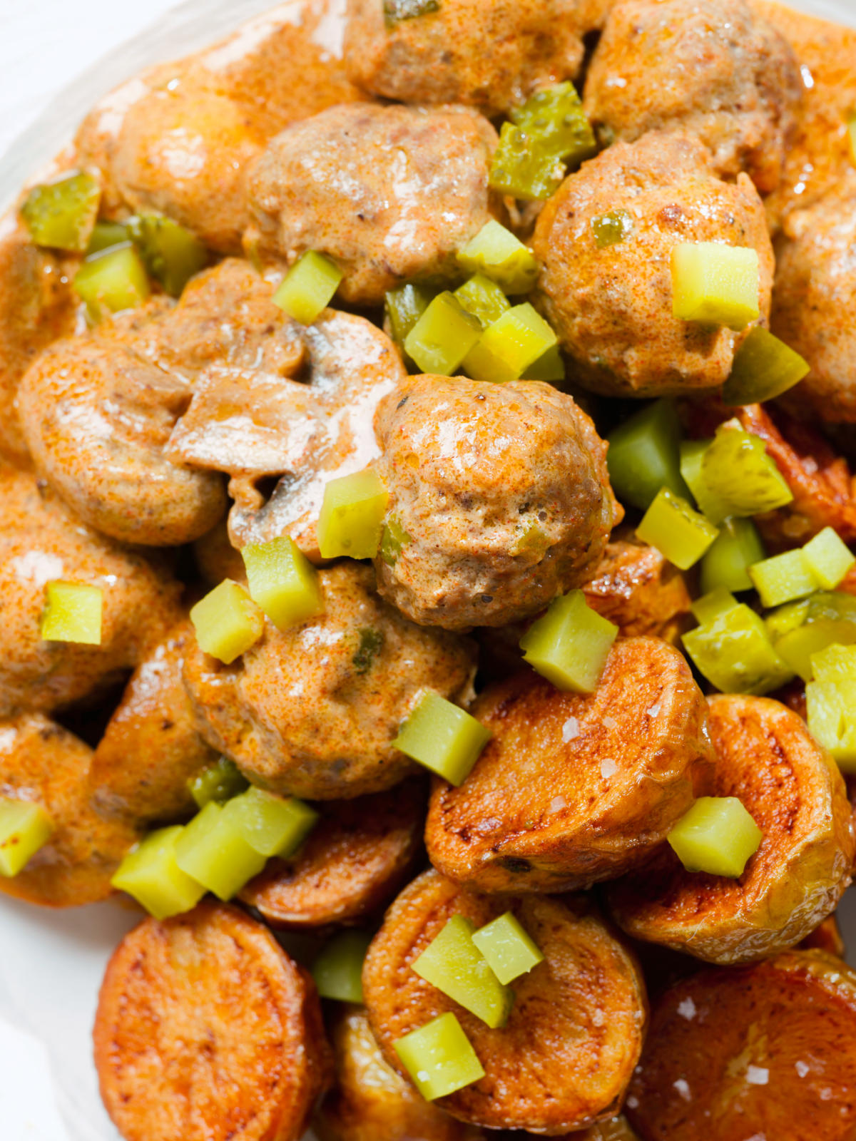 Overhead close-up creamy beef meatball stroganoff served with crispy fried potatoes.