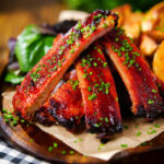 Korean gochujang glazed pork ribs served with potato wedges.