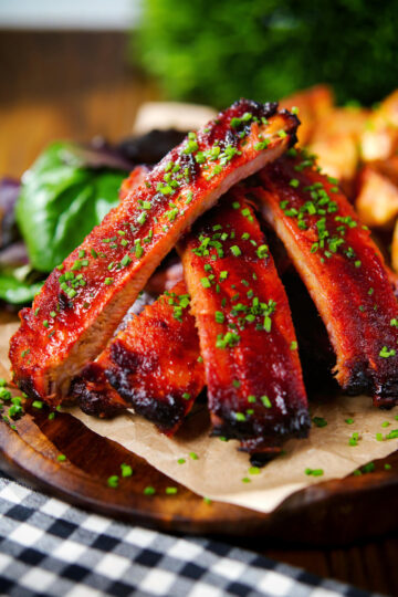 Korean gochujang glazed pork ribs served with potato wedges.