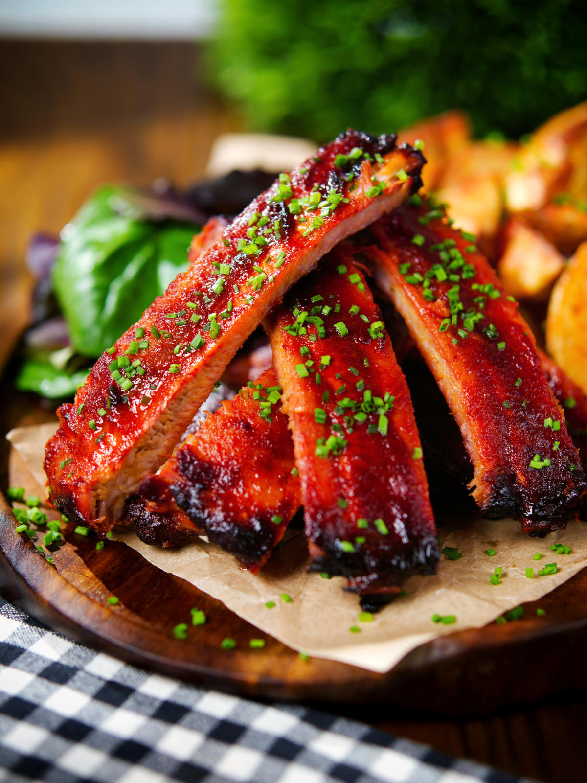 Korean gochujang glazed pork ribs served with potato wedges.