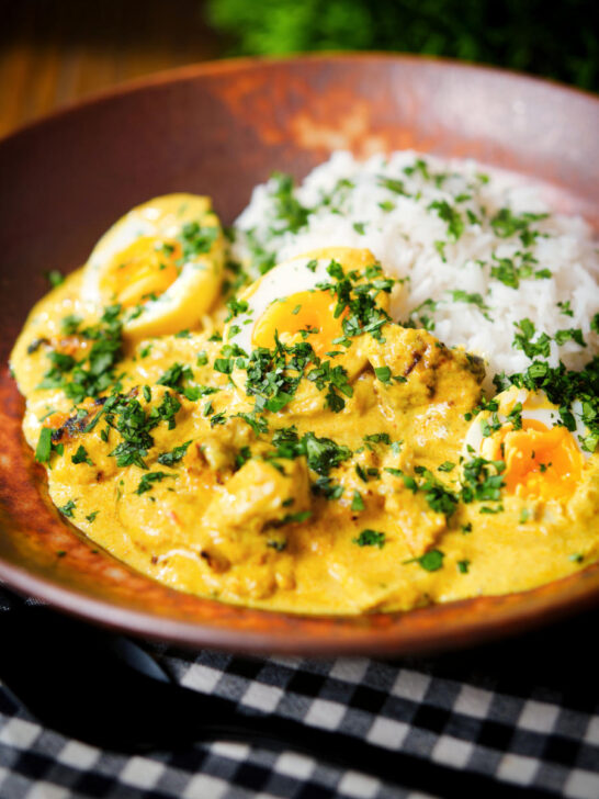 Kuku paka: African chicken curry with boiled eggs served with white rice.