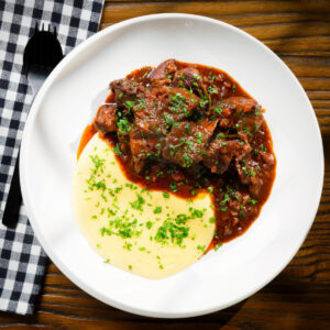 Spezzatino di manzo an Italian beef, red wine and tomato stew served with cheesy polenta.