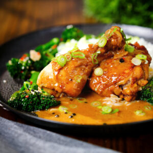 Chicken adobo with coconut milk (Adobong Manok sa Gata), stir fried broccoli and rice.