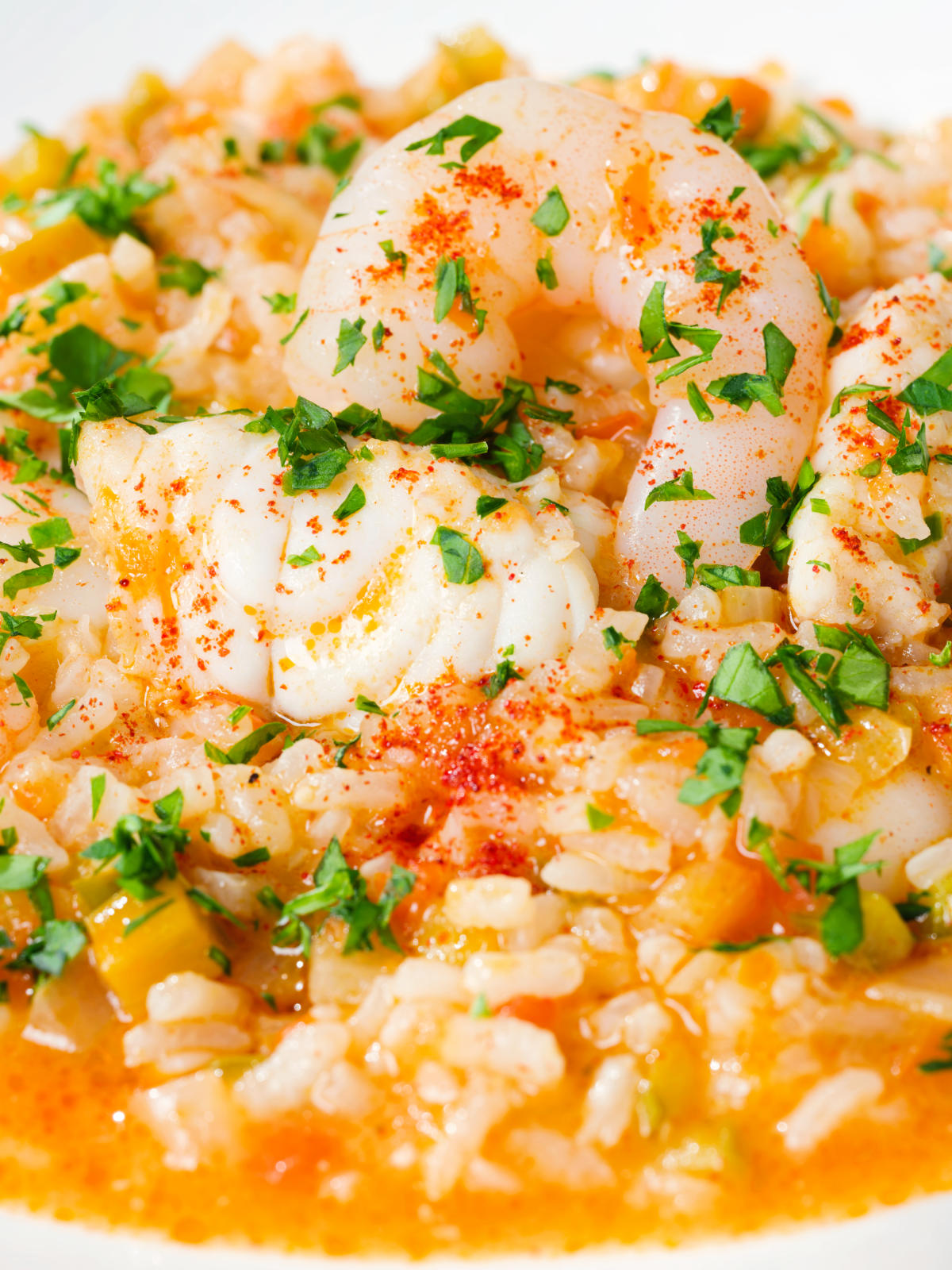 Close-up arroz de tamboril: Portuguese prawn and monkfish rice.