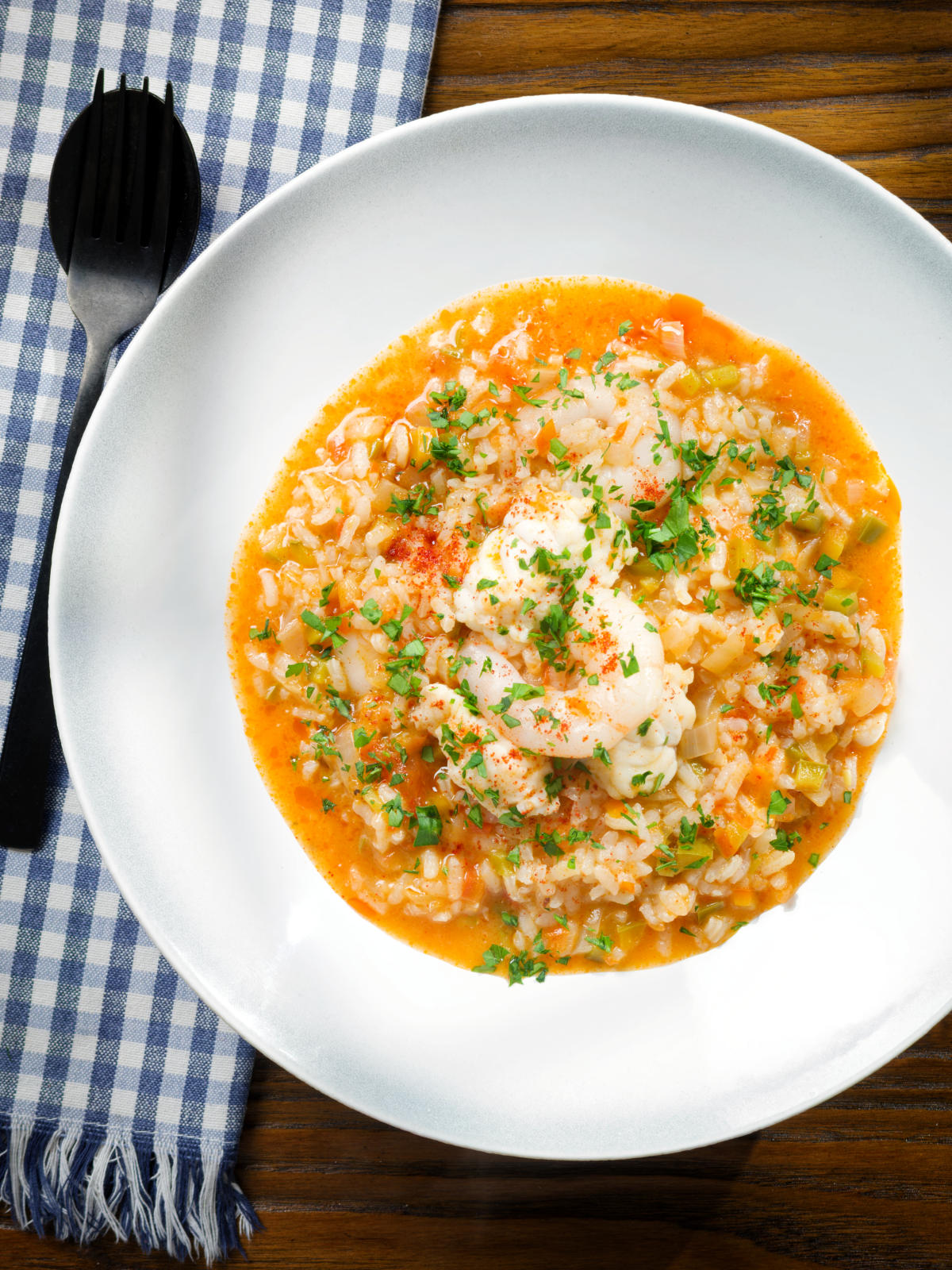 Overhead arroz de tamboril: Portuguese prawn and monkfish rice.