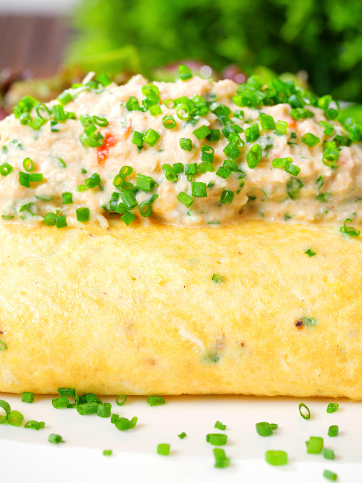 Close-up crab meat and creme fraiche stuffed omelette served with a side salad.