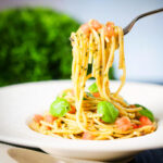 Sicilian pesto alla trapanese (almonds and sun dried tomatoes) served with spaghetti.