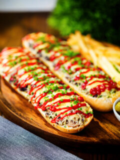 Polish cheese and mushroom zapiekanka open sandwich served with ketchup and fries.
