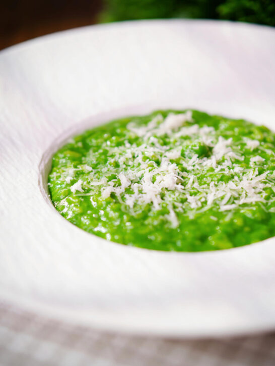 Risotto verde with spinach, green peas and broad beans.