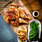 Pollo alla diavola (Italian spatchcock chicken) with Parmentier potatoes and tenderstem broccoli.