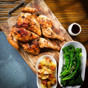 Pollo alla diavola (Italian spatchcock chicken) with Parmentier potatoes and tenderstem broccoli.