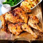 Spatchcock chicken alla diavola with Parmentier potatoes and tenderstem broccoli.