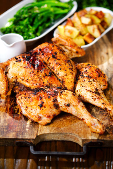 Spatchcock chicken alla diavola with Parmentier potatoes and tenderstem broccoli.