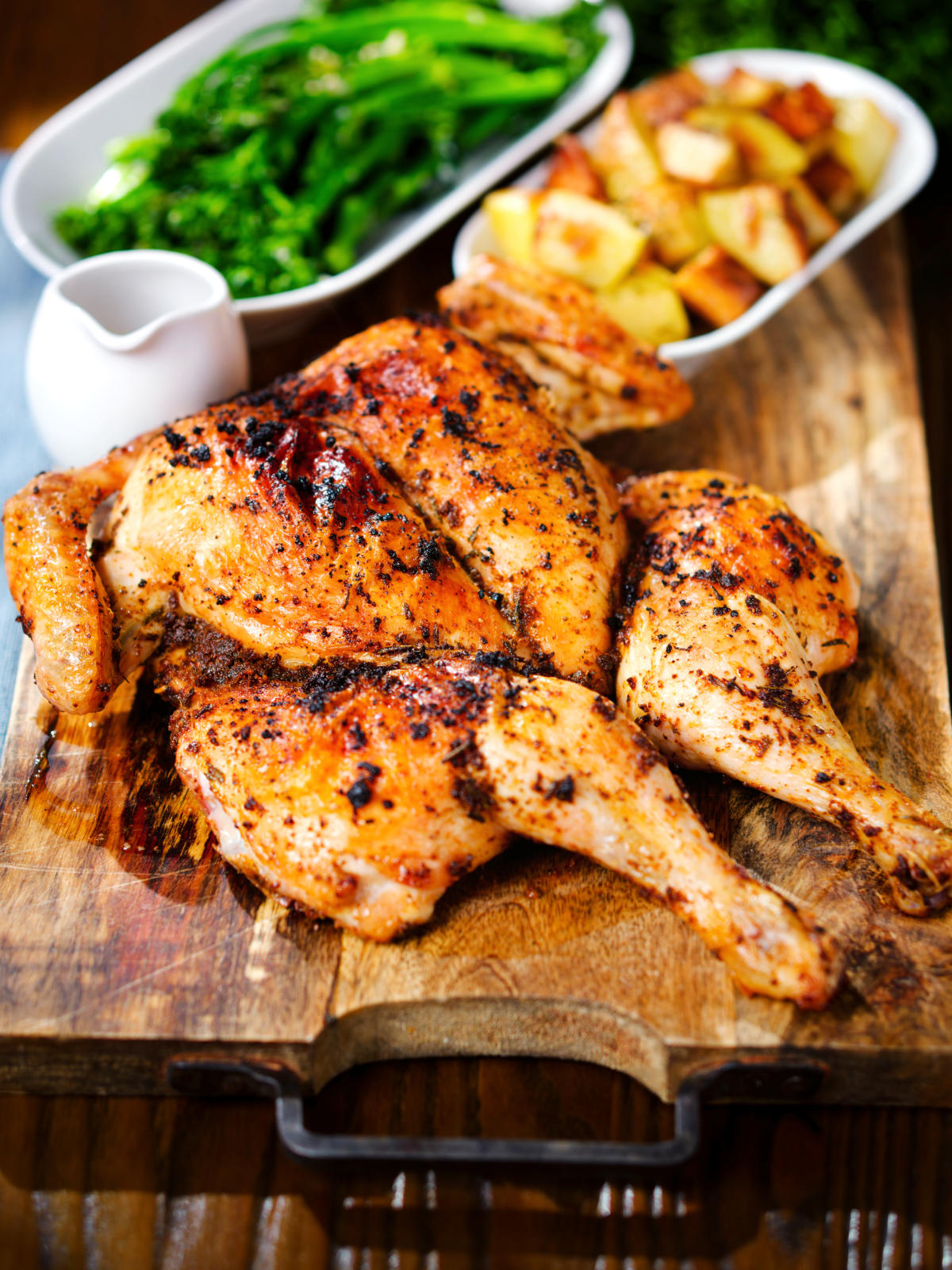 Spatchcock chicken alla diavola with Parmentier potatoes and tenderstem broccoli.