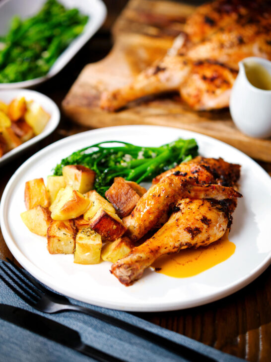 Chicken alla diavola with Parmentier potatoes and tenderstem broccoli.