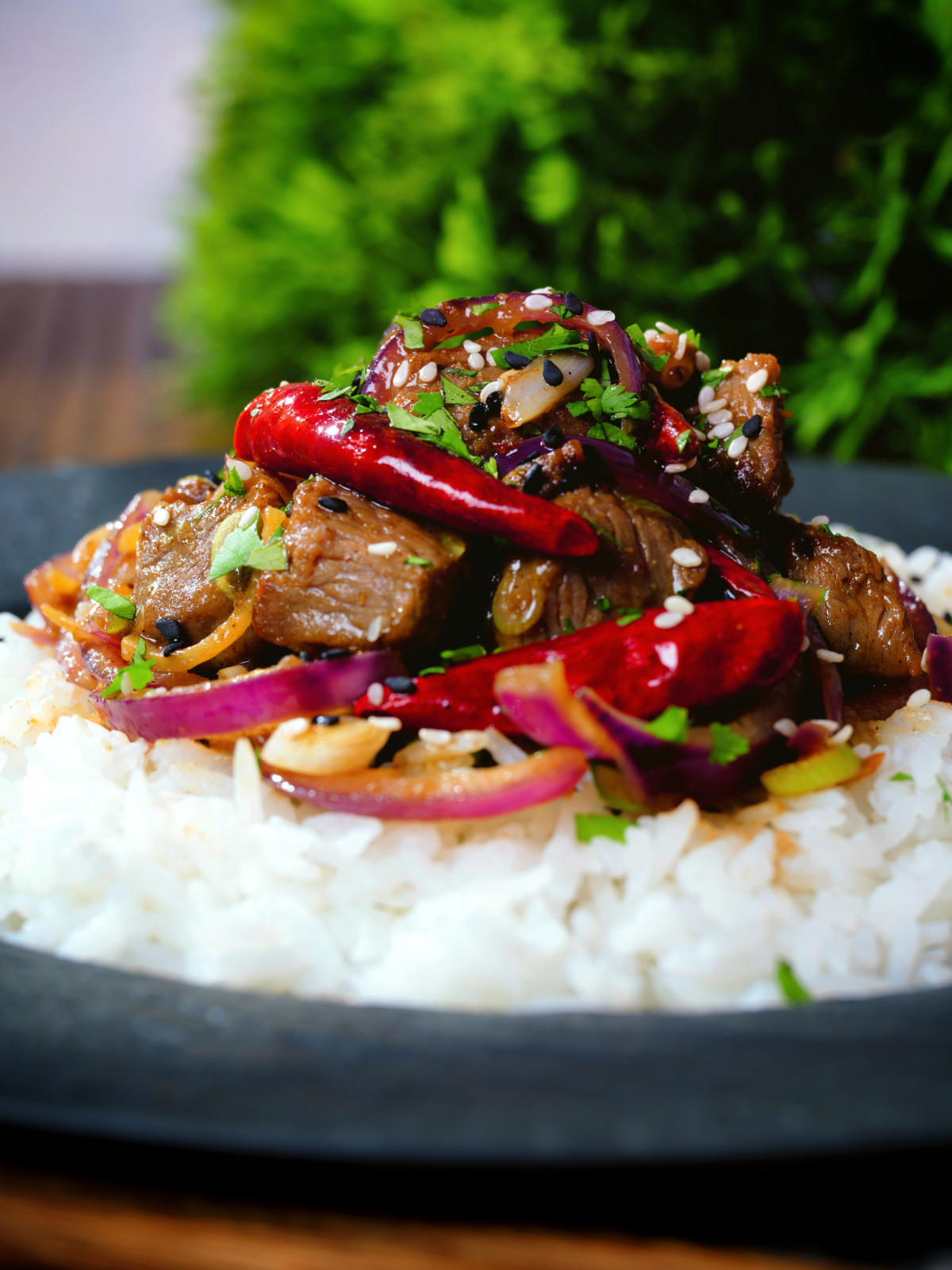 Chinese Xinjiang lamb stir fry with cumin, dried chillies and red onion served with rice.