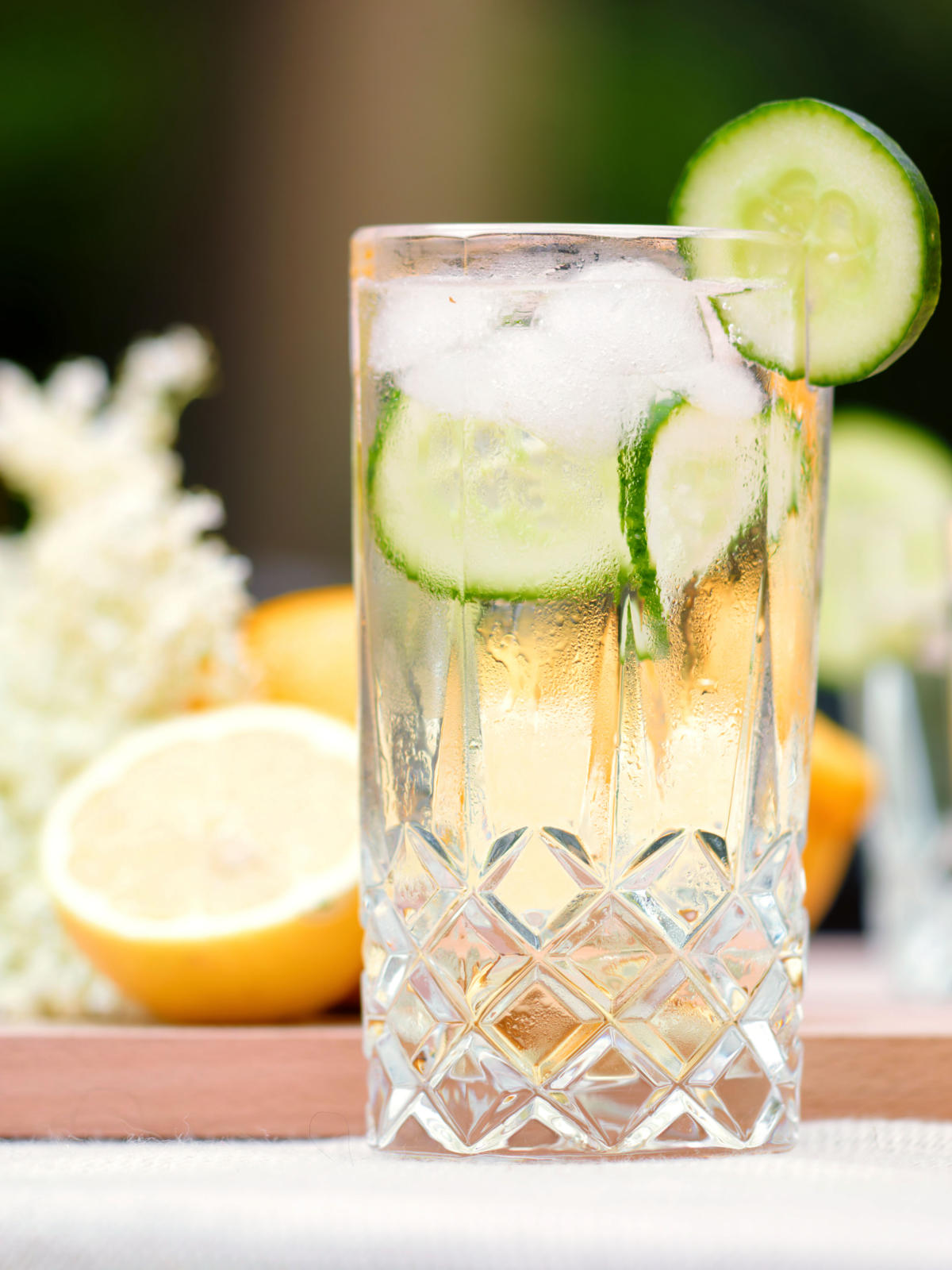Elderflower cordial in a cut crystal glass.
