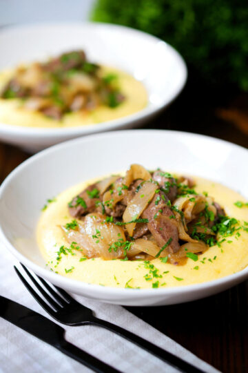 Fegato alla Veneziana (Italian fried liver and onions) served with polenta.
