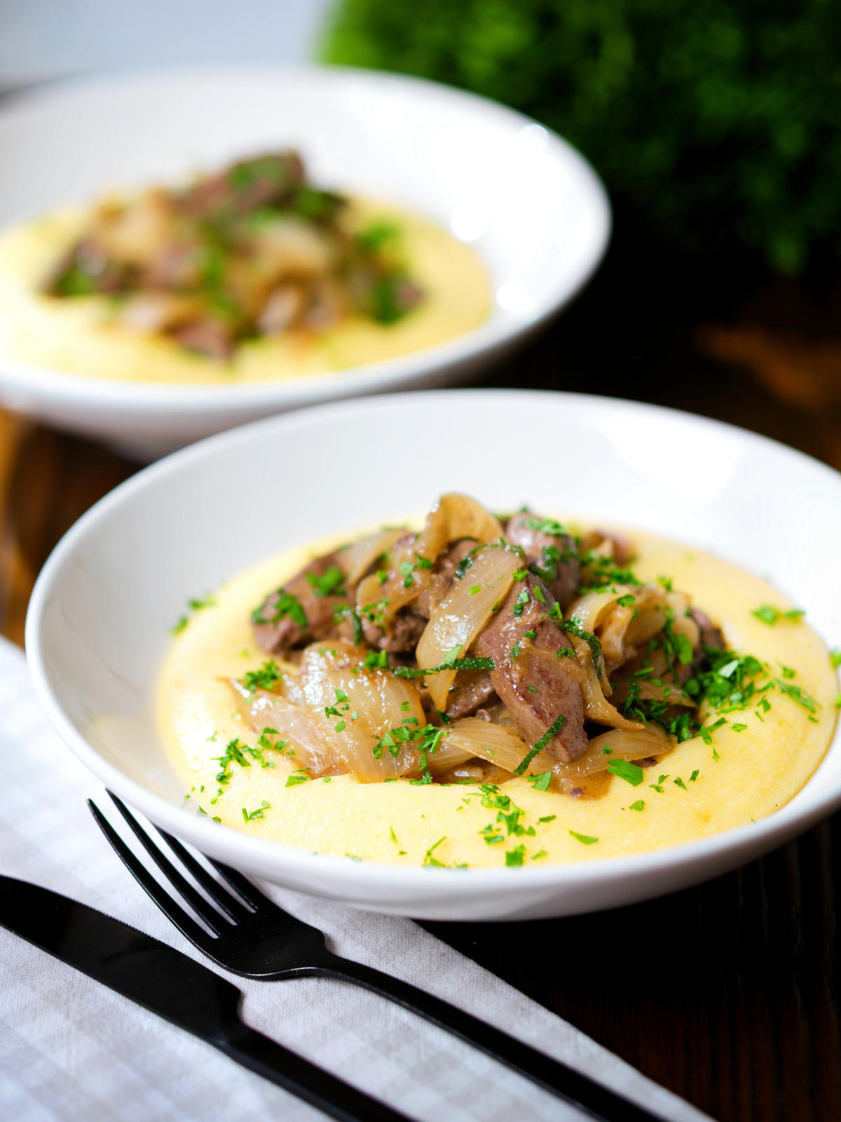 Fegato alla Veneziana (Italian fried liver and onions) served with polenta.