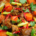 Overhead close-up M&igrave; B&ograve; Kho, Vietnamese beef and egg noodle stew with carrots and spring onions.